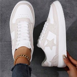 Star-Embellished White and Tan Sneakers